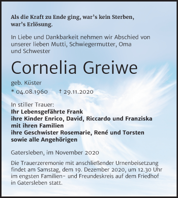 Traueranzeige von Cornelia Greiwe von Super Sonntag Aschersleben