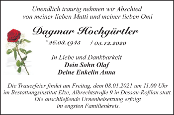 Traueranzeige von Dagmar Hochgürtler von Super Sonntag Dessau-Roßlau