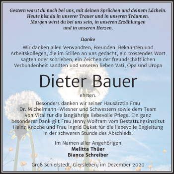 Traueranzeige von Dieter Bauer von Super Sonntag Aschersleben