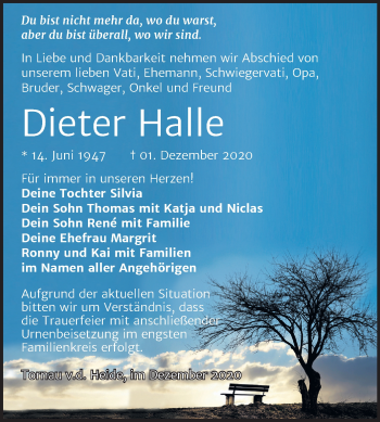 Traueranzeige von Dieter Halle von Wochenspiegel Bitterfeld