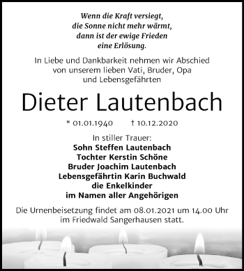 Traueranzeige von Dieter Lautenbach von Mitteldeutsche Zeitung Halle/Saalkreis
