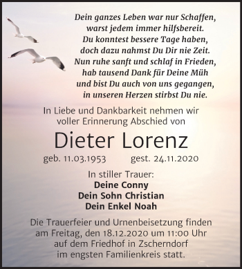 Traueranzeige von Dieter Lorenz von Mitteldeutsche Zeitung Bitterfeld