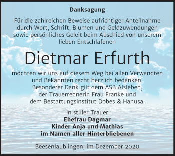 Traueranzeige von Dietmar Erfurth von Super Sonntag Bernburg