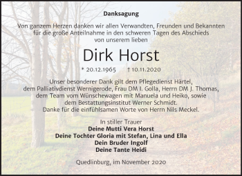Traueranzeige von Dirk Horst von Super Sonntag Quedlinburg