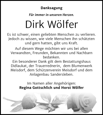 Traueranzeige von Dirk Wölfer von Mitteldeutsche Zeitung Quedlinburg