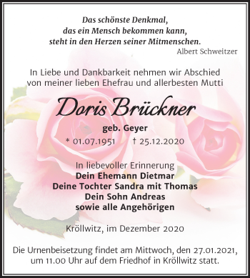 Traueranzeige von Doris Brückner von Mitteldeutsche Zeitung Merseburg/Querfurt