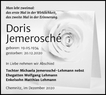 Traueranzeige von Doris Jemerosché von Mitteldeutsche Zeitung Dessau-Roßlau
