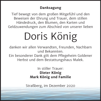 Traueranzeige von Doris König von Super Sonntag Quedlinburg