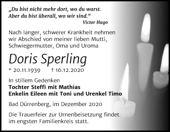 Traueranzeige von Doris Sperling von Mitteldeutsche Zeitung Merseburg/Querfurt
