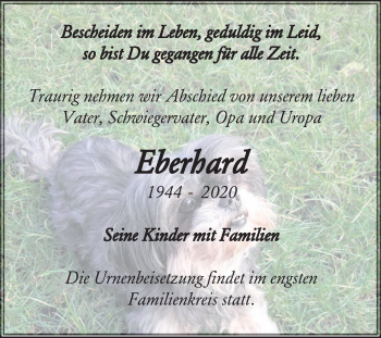 Traueranzeige von Eberhard  von Mitteldeutsche Zeitung Aschersleben