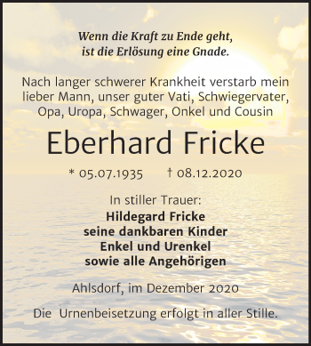 Traueranzeige von Eberhard Fricke von Super Sonntag Mansfelder Land