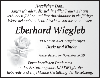 Traueranzeige von Eberhard Wiegleb von Super Sonntag Aschersleben