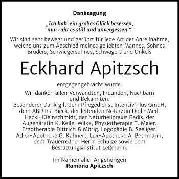 Traueranzeige von Eckhard Apitzsch von Mitteldeutsche Zeitung Wittenberg