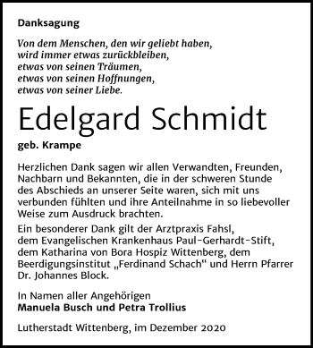 Traueranzeige von Edelgard Schmidt von Super Sonntag Wittenberg