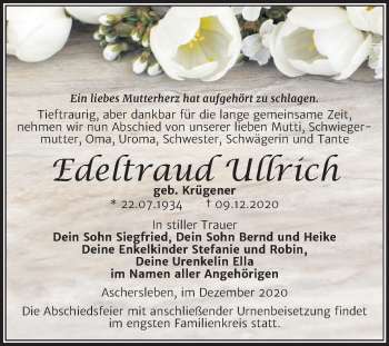 Traueranzeige von Edeltraud Ullrich von Mitteldeutsche Zeitung Aschersleben