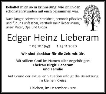 Traueranzeige von Edgar Heinz Lieberam von Mitteldeutsche Zeitung Mansfelder Land