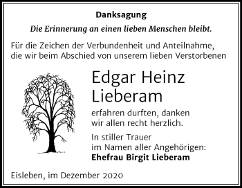 Traueranzeige von Edgar Heinz Lieberam von Mitteldeutsche Zeitung Mansfelder Land