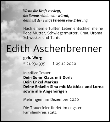 Traueranzeige von Edith Aschenbrenner von Super Sonntag Aschersleben