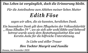 Traueranzeige von Edith Föse von Mitteldeutsche Zeitung Dessau-Roßlau