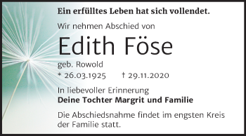 Traueranzeige von Edith Föse von Super Sonntag Dessau-Roßlau