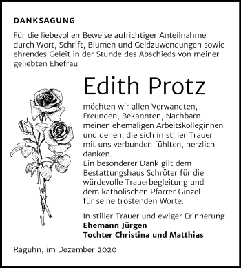 Traueranzeige von Edith Protz von Wochenspiegel Bitterfeld