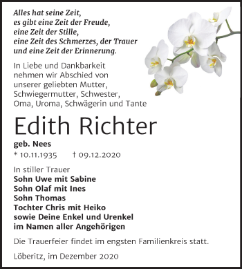 Traueranzeige von Edith Richter von Mitteldeutsche Zeitung Bitterfeld
