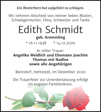 Traueranzeige von Edith Schmidt von Mitteldeutsche Zeitung Mansfelder Land