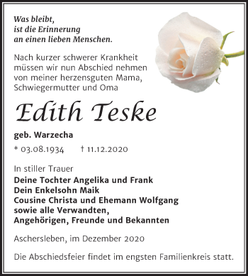 Traueranzeige von Edith Teske von Mitteldeutsche Zeitung Aschersleben