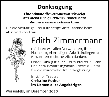 Traueranzeige von Edith Zimmermann von Wochenspiegel Weißenfels