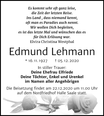 Traueranzeige von Edmund Lehmann von Mitteldeutsche Zeitung Halle/Saalkreis