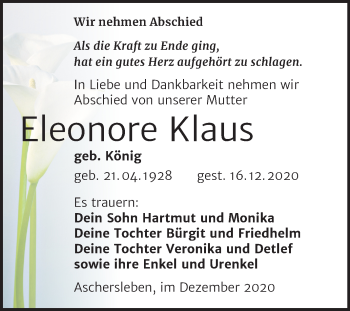 Traueranzeige von Eleonore Klaus von Wochenspiegel Aschersleben