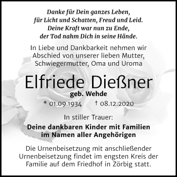 Traueranzeige von Elfriede Dießner von Wochenspiegel Bitterfeld