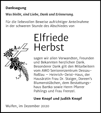 Traueranzeige von Elfriede Herbst von Mitteldeutsche Zeitung Köthen