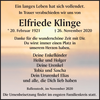 Traueranzeige von Elfriede Klinge von Mitteldeutsche Zeitung Quedlinburg