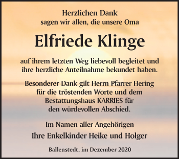 Traueranzeige von Elfriede Klinge von Mitteldeutsche Zeitung Quedlinburg