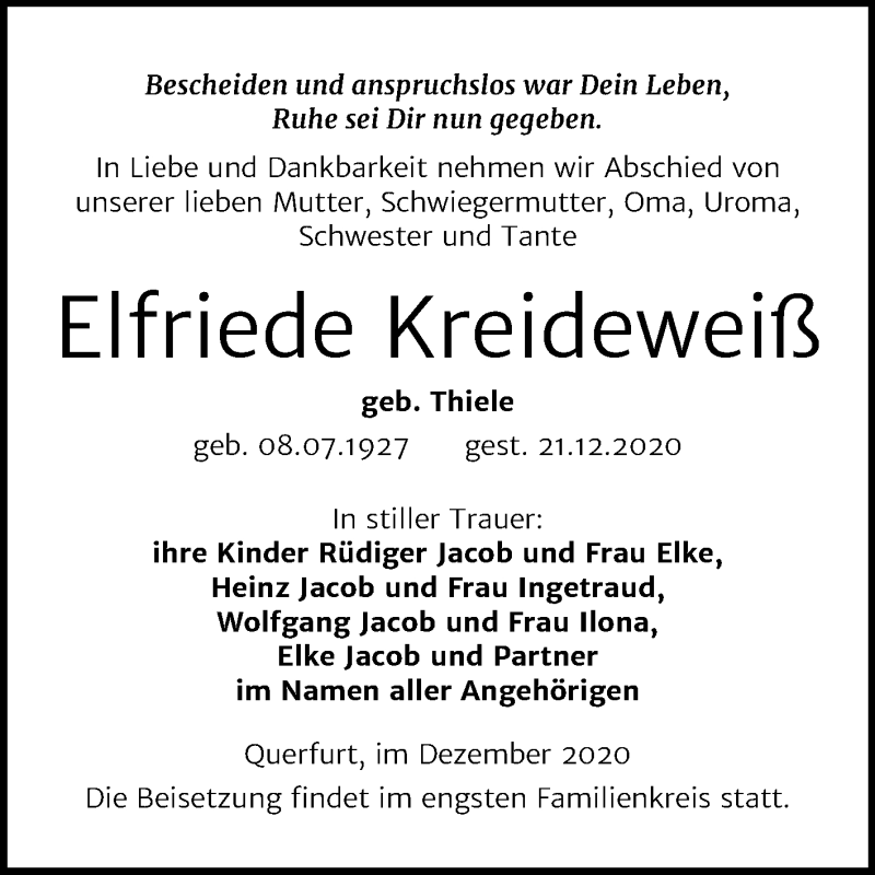  Traueranzeige für Elfriede Kreideweiß vom 30.12.2020 aus Mitteldeutsche Zeitung Merseburg/Querfurt