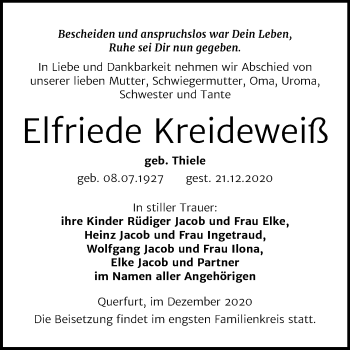 Traueranzeige von Elfriede Kreideweiß von Mitteldeutsche Zeitung Merseburg/Querfurt