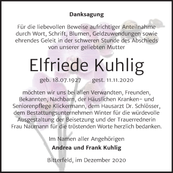 Traueranzeige von Elfriede Kuhlig von Mitteldeutsche Zeitung Bitterfeld