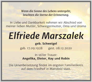 Traueranzeige von Elfriede Marszalek von Mitteldeutsche Zeitung Mansfelder Land