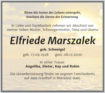 Traueranzeige von Elfriede Marszalek von Super Sonntag Mansfelder Land