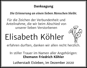 Traueranzeige von Elisabeth Köhler von Mitteldeutsche Zeitung Mansfelder Land