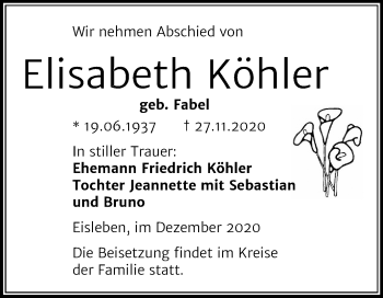 Traueranzeige von Elisabeth Köhler von Super Sonntag Mansfelder Land