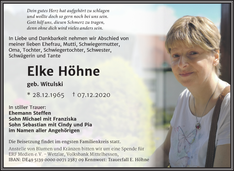  Traueranzeige für Elke Höhne vom 19.12.2020 aus Super Sonntag Wittenberg