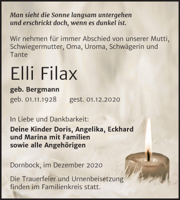 Traueranzeige von Elli Filax von Super Sonntag Köthen