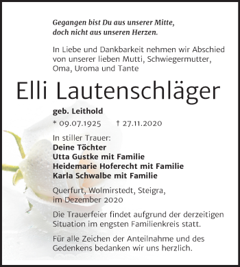 Traueranzeige von Elli Lautenschläger von Wochenspiegel Merseburg/Querfurt