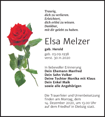 Traueranzeige von Elsa Melzer von Mitteldeutsche Zeitung Köthen
