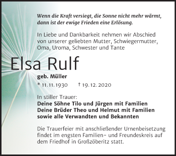Traueranzeige von Elsa Rulf von Mitteldeutsche Zeitung Bitterfeld