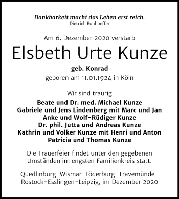 Traueranzeige von Elsbeth Urte Kunze von Mitteldeutsche Zeitung Quedlinburg
