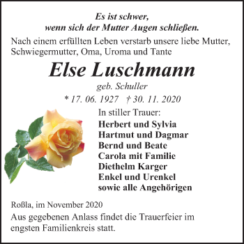 Traueranzeige von Else Luschmann von Mitteldeutsche Zeitung Sangerhausen