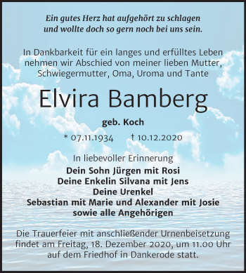 Traueranzeige von Elvira Bamberg von Mitteldeutsche Zeitung Quedlinburg